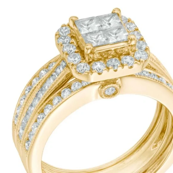 1-1/2 CT. T.W. Quad Princess-Cut Diamond Ring Frame Bridal Set in 14K Gold - Picture 2 of 5